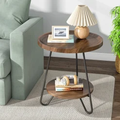 Round End Table, 2-Tier Side Table Accent Table with Metal Legs
