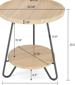 Round End Table, 2-Tier Side Table Accent Table with Metal Legs