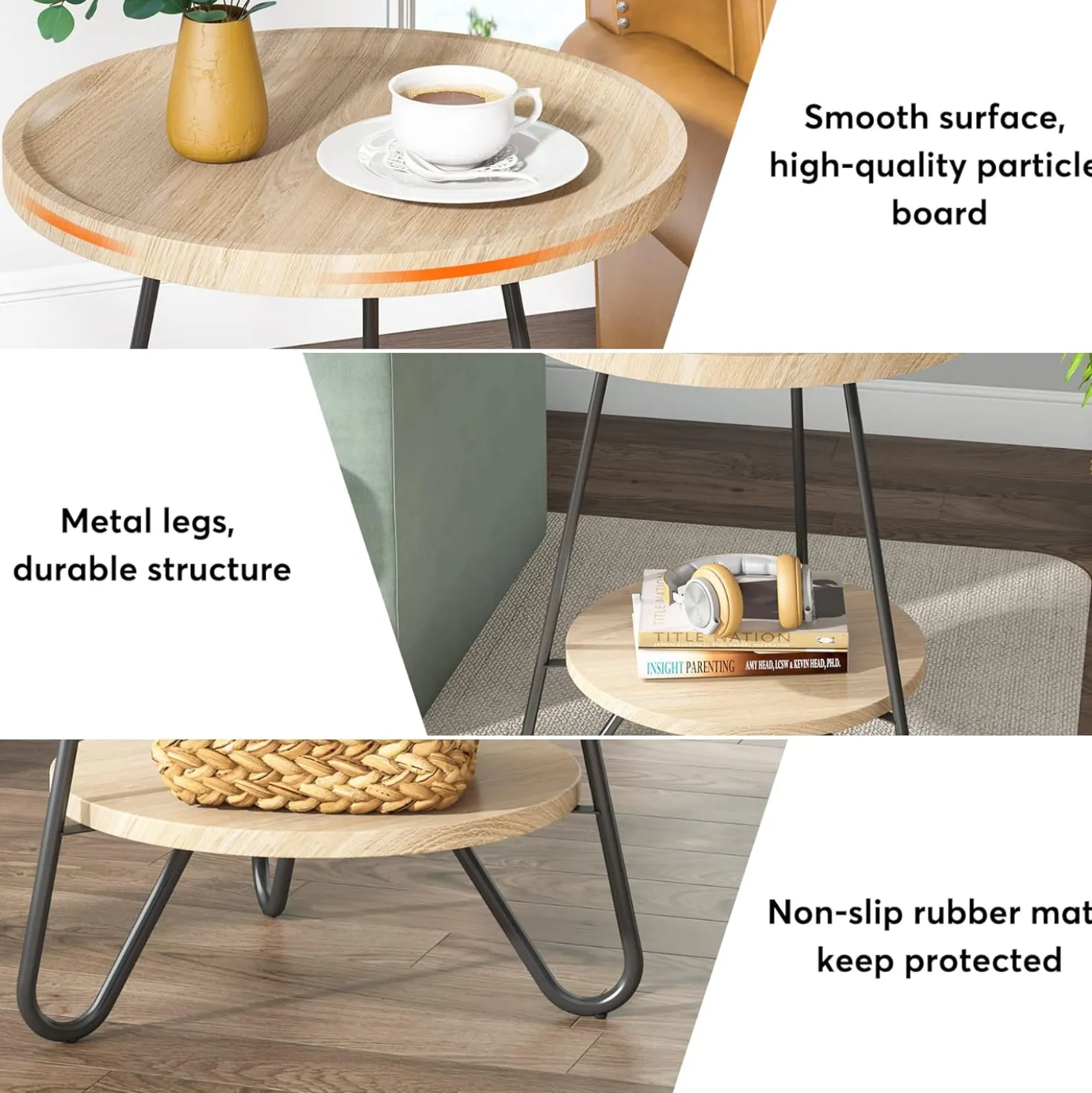 Round End Table, 2-Tier Side Table Accent Table with Metal Legs