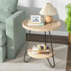 Round End Table, 2-Tier Side Table Accent Table with Metal Legs