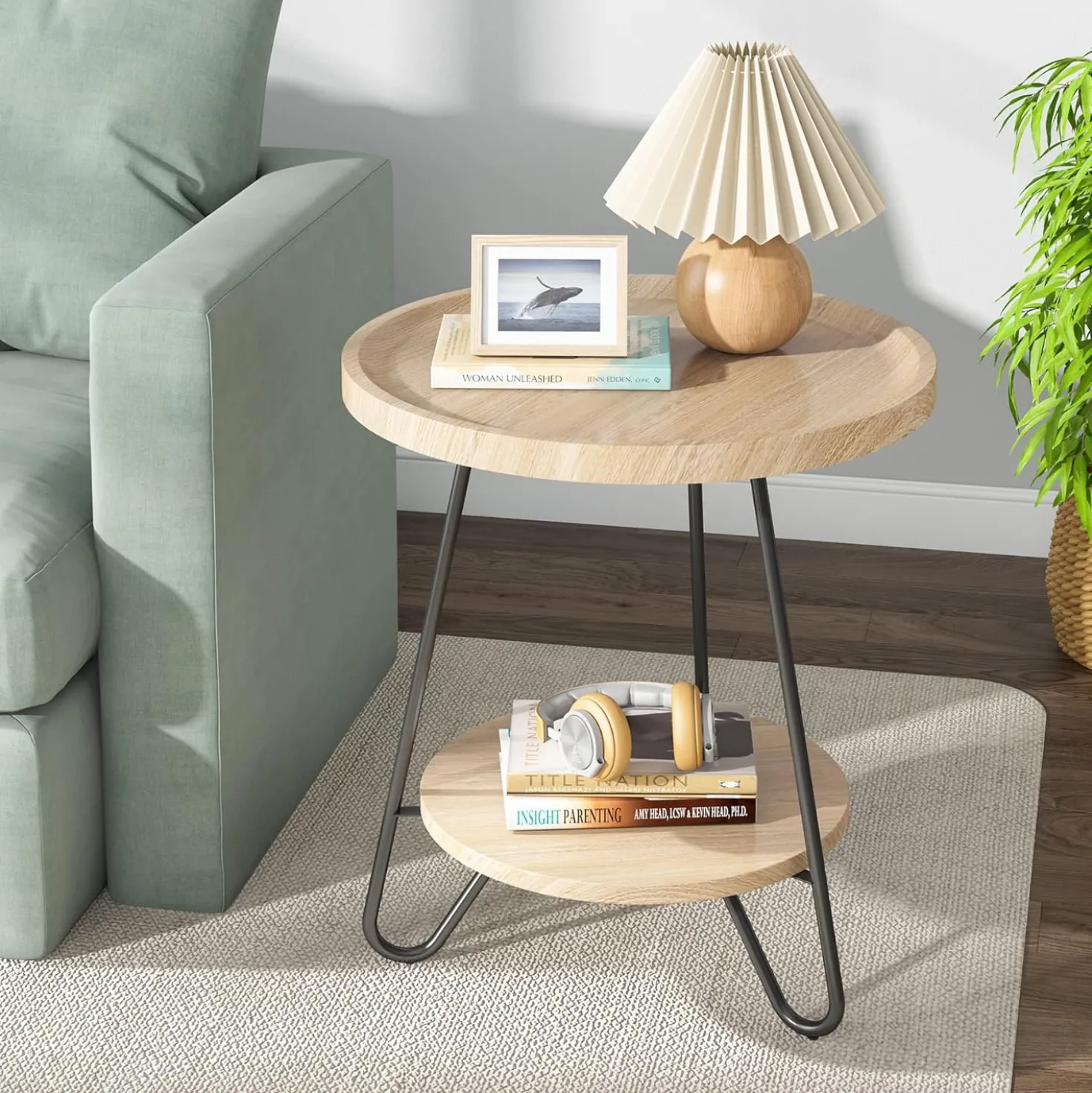 Round End Table, 2-Tier Side Table Accent Table with Metal Legs