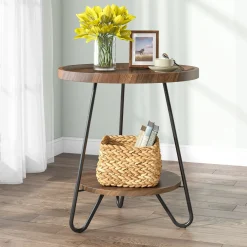 Round End Table, 2-Tier Side Table Accent Table with Metal Legs