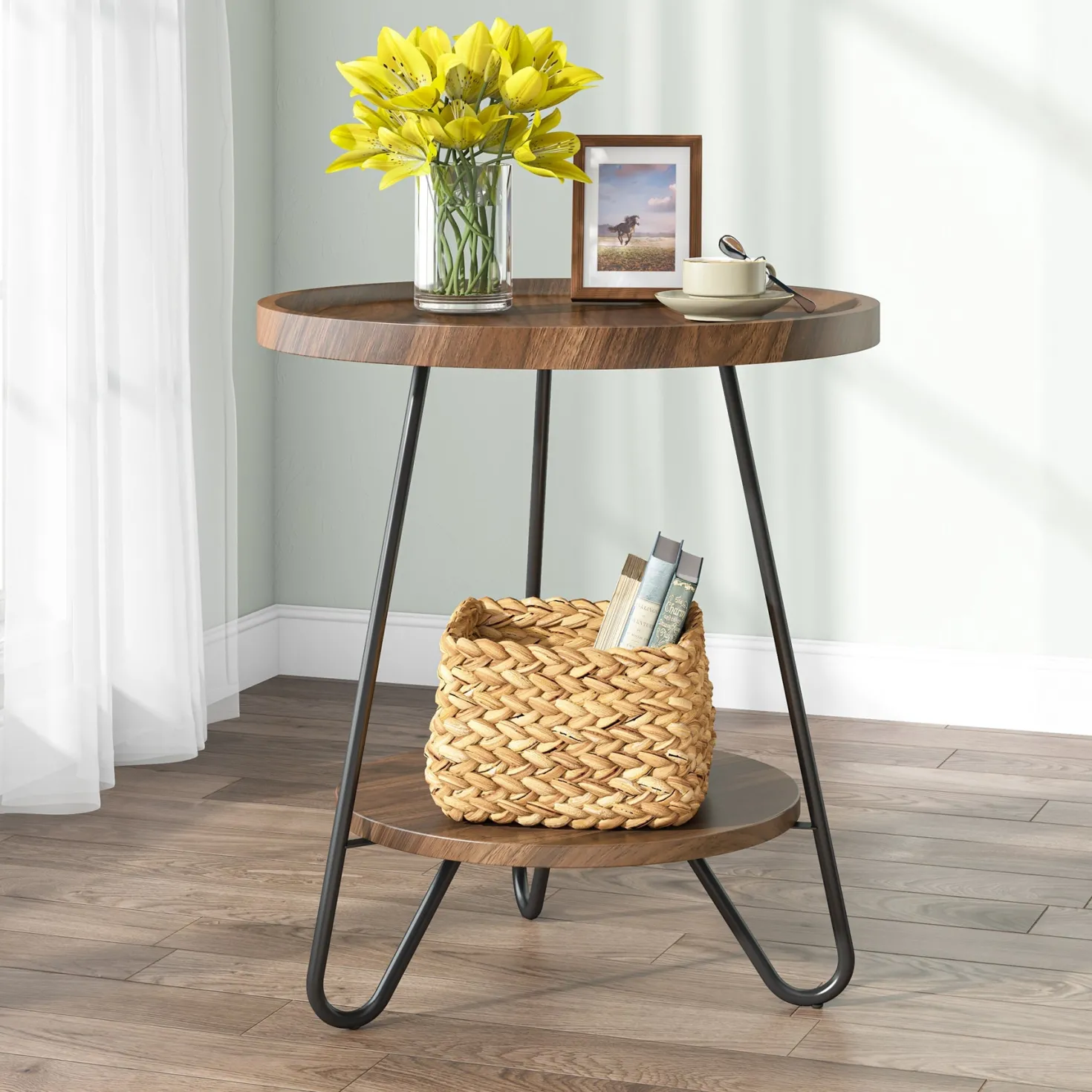 Round End Table, 2-Tier Side Table Accent Table with Metal Legs