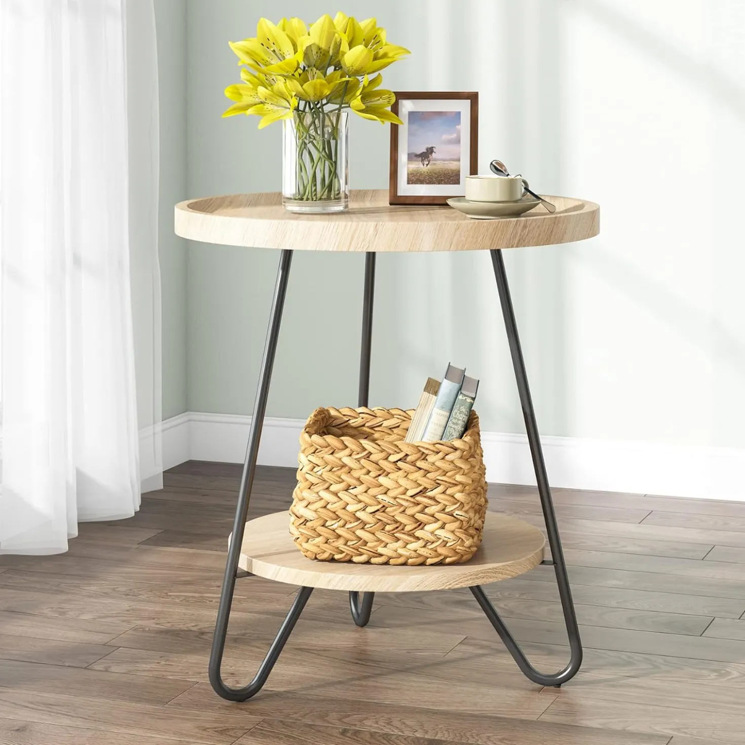 Round End Table, 2-Tier Side Table Accent Table with Metal Legs