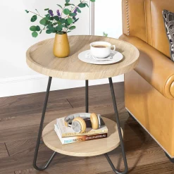 Round End Table, 2-Tier Side Table Accent Table with Metal Legs
