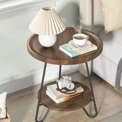 Round End Table, 2-Tier Side Table Accent Table with Metal Legs