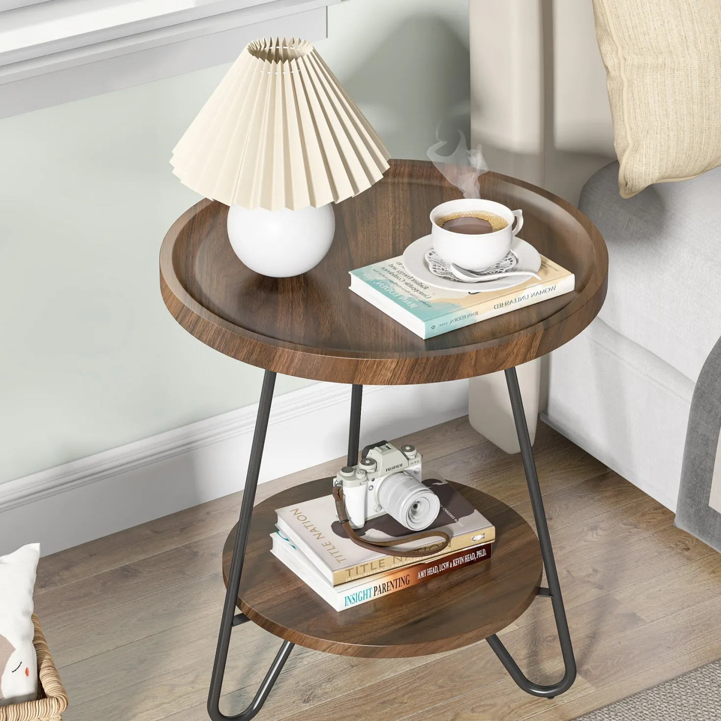 Round End Table, 2-Tier Side Table Accent Table with Metal Legs