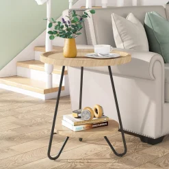 Round End Table, 2-Tier Side Table Accent Table with Metal Legs