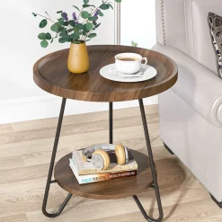 Round End Table, 2-Tier Side Table Accent Table with Metal Legs
