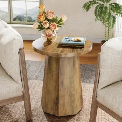 Round End Table, Wooden Couch Side Table with Octagonal Base