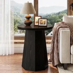 Round End Table, Wooden Couch Side Table with Octagonal Base