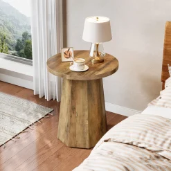 Round End Table, Wooden Couch Side Table with Octagonal Base