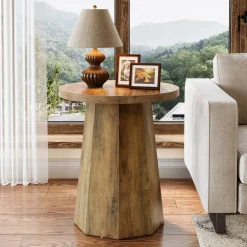 Round End Table, Wooden Couch Side Table with Octagonal Base