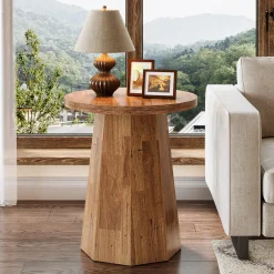 Round End Table, Wooden Couch Side Table with Octagonal Base