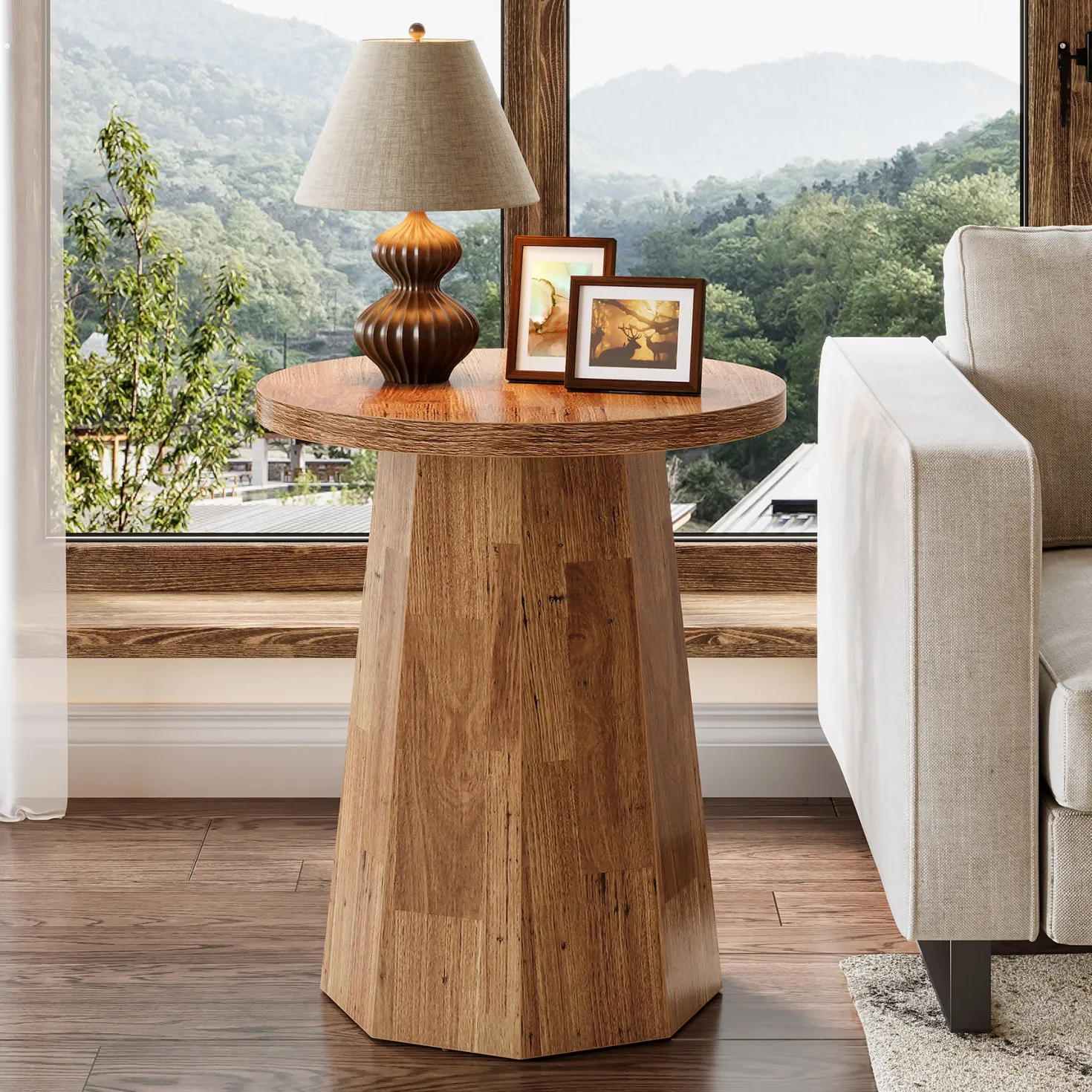 Round End Table, Wooden Couch Side Table with Octagonal Base