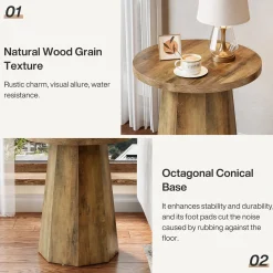Round End Table, Wooden Couch Side Table with Octagonal Base