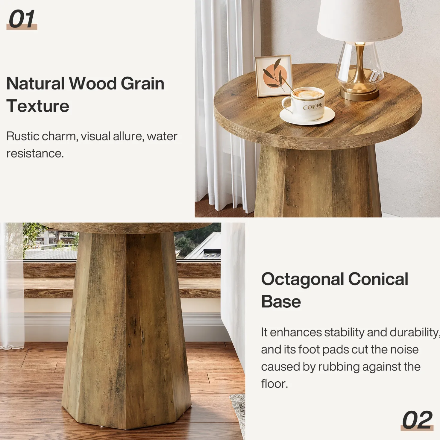 Round End Table, Wooden Couch Side Table with Octagonal Base