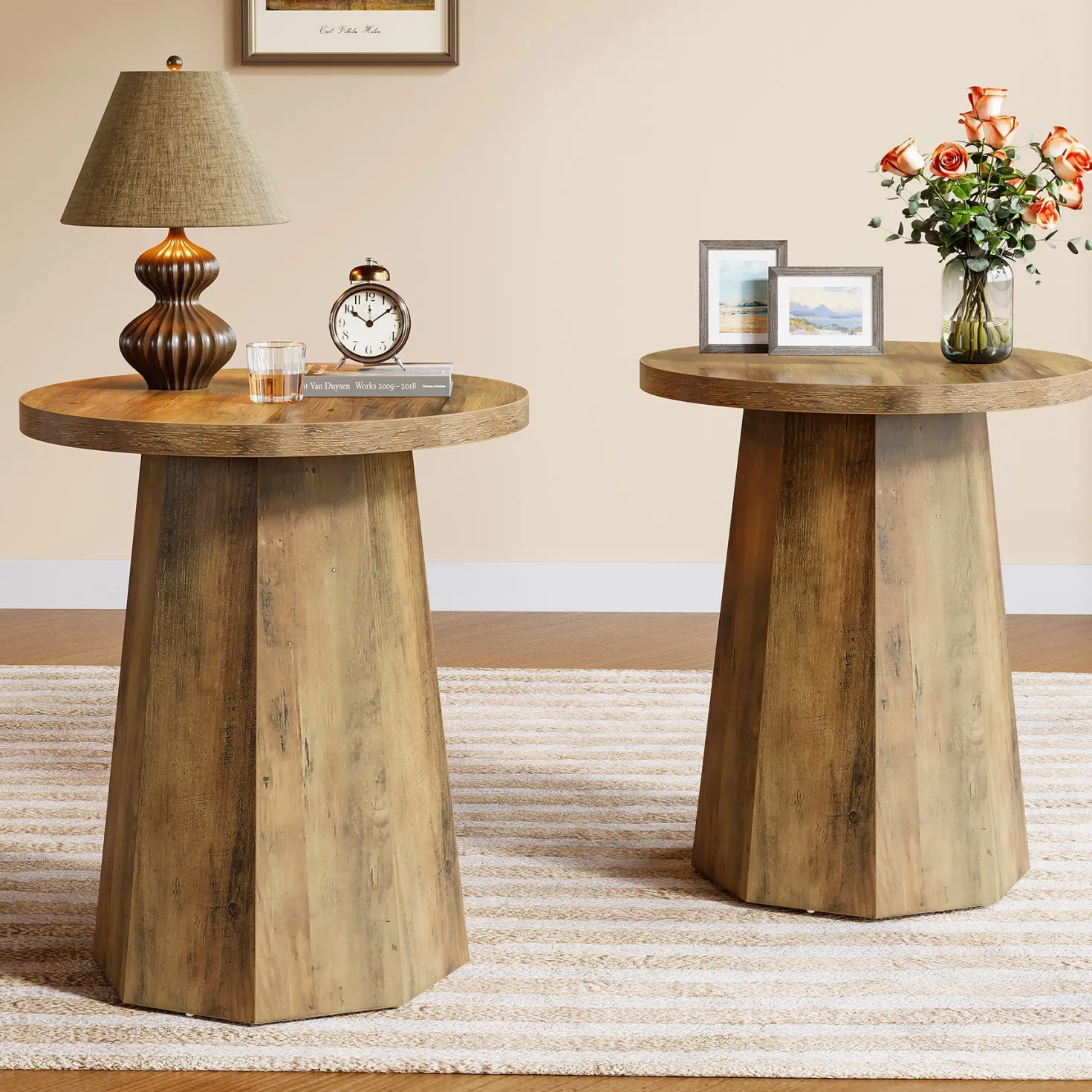 Round End Table, Wooden Couch Side Table with Octagonal Base