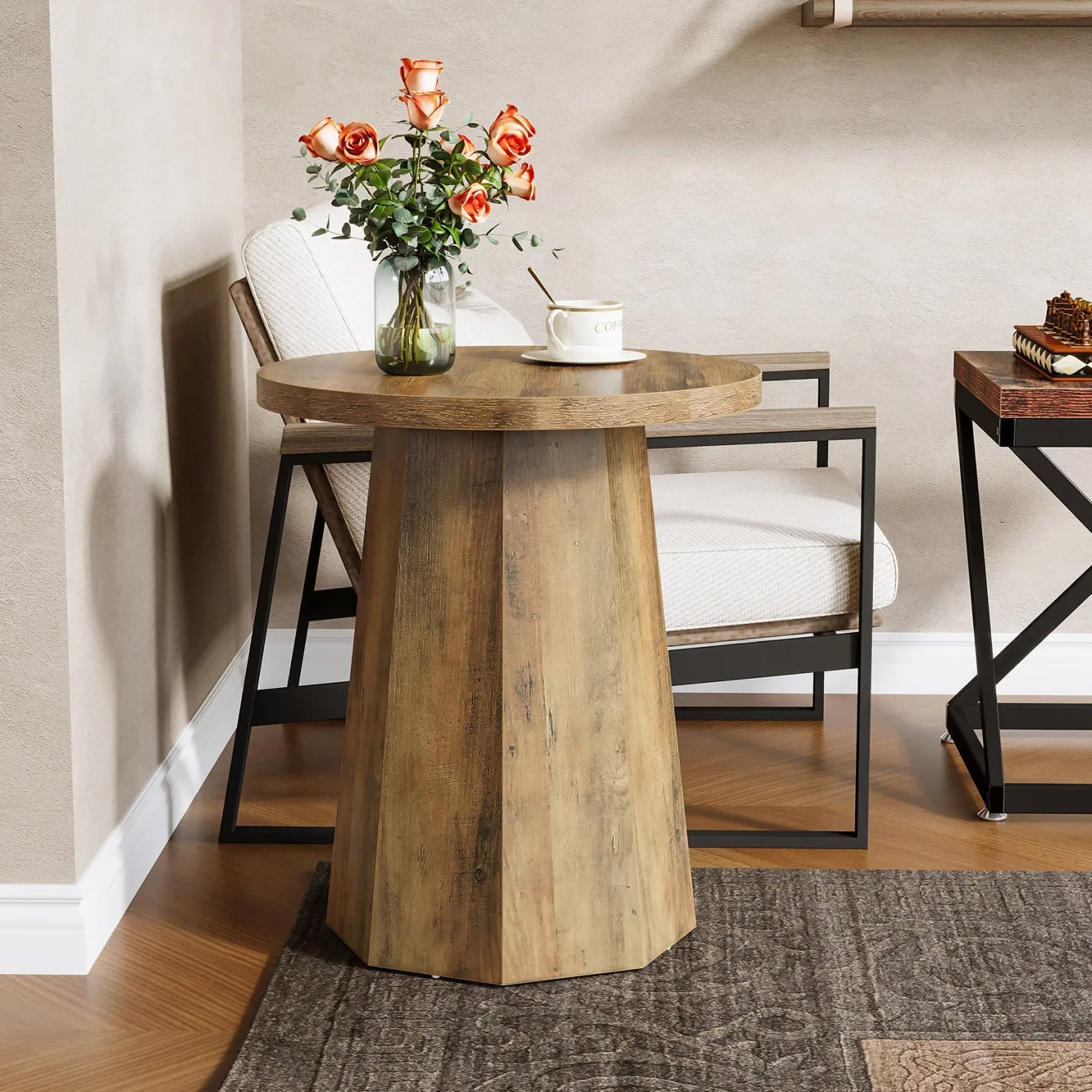 Round End Table, Wooden Couch Side Table with Octagonal Base