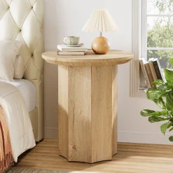 Round End Table, Wooden Pedestal Side Table with Octagonal Base