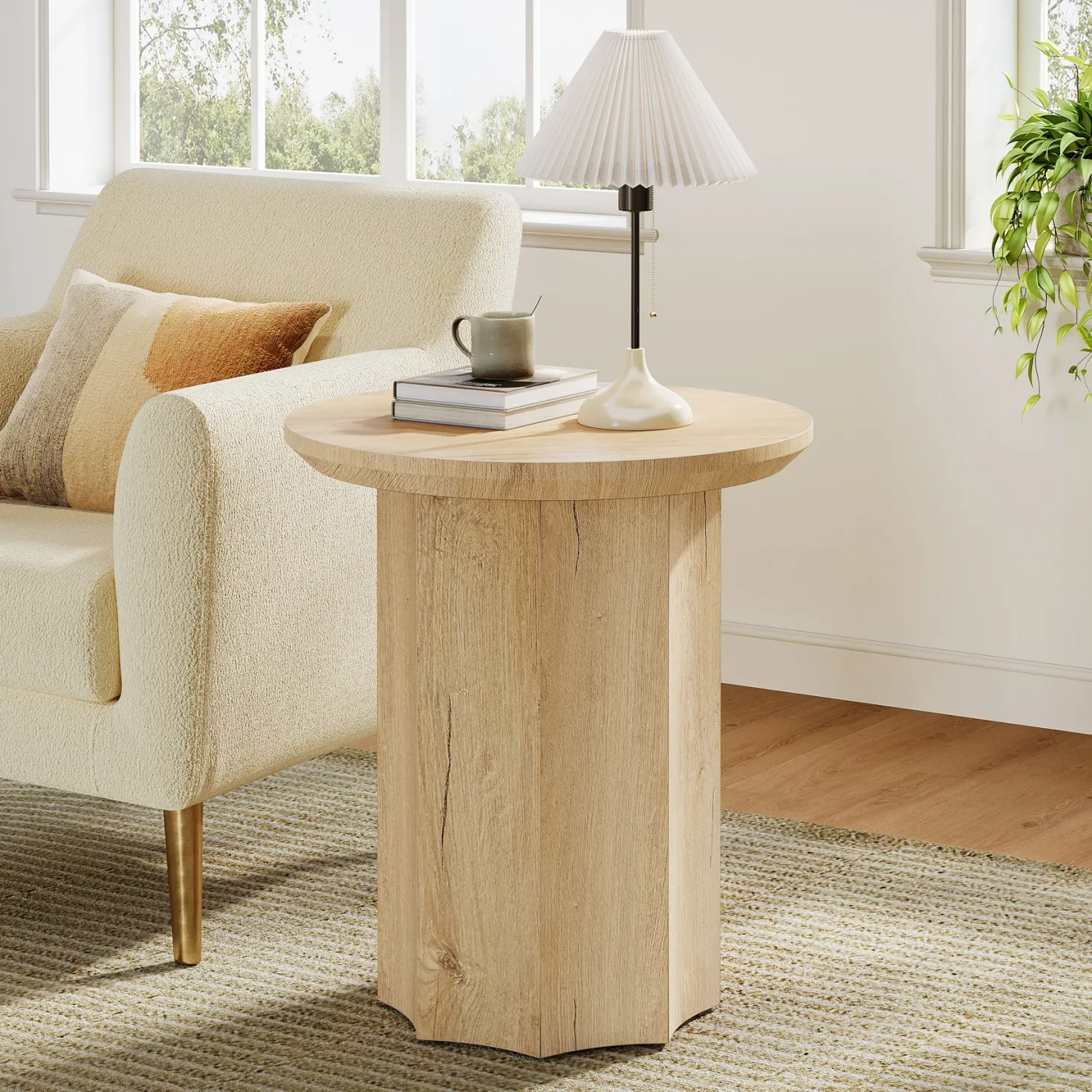 Round End Table, Wooden Pedestal Side Table with Octagonal Base