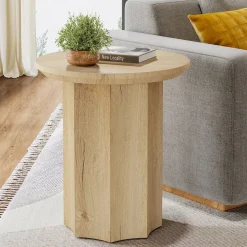 Round End Table, Wooden Pedestal Side Table with Octagonal Base