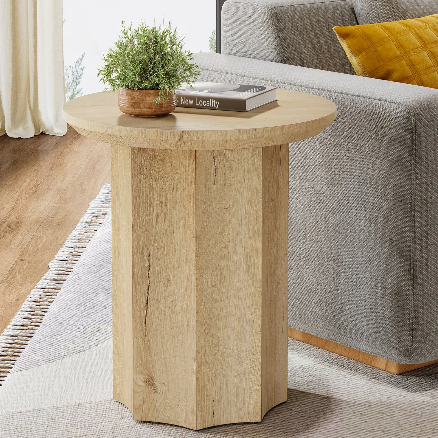 Round End Table, Wooden Pedestal Side Table with Octagonal Base