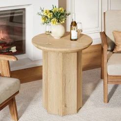 Round End Table, Wooden Pedestal Side Table with Octagonal Base