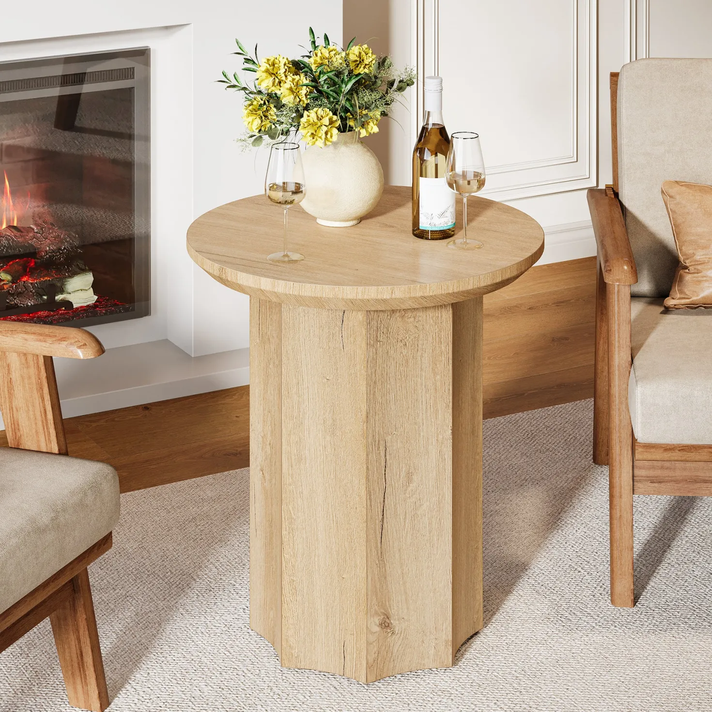 Round End Table, Wooden Pedestal Side Table with Octagonal Base