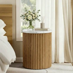 Round Nightstand, 23.6" Bedside Table with Faux Marble Tabletop & Fluted Base
