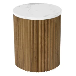 Round Nightstand, 23.6" Bedside Table with Faux Marble Tabletop & Fluted Base