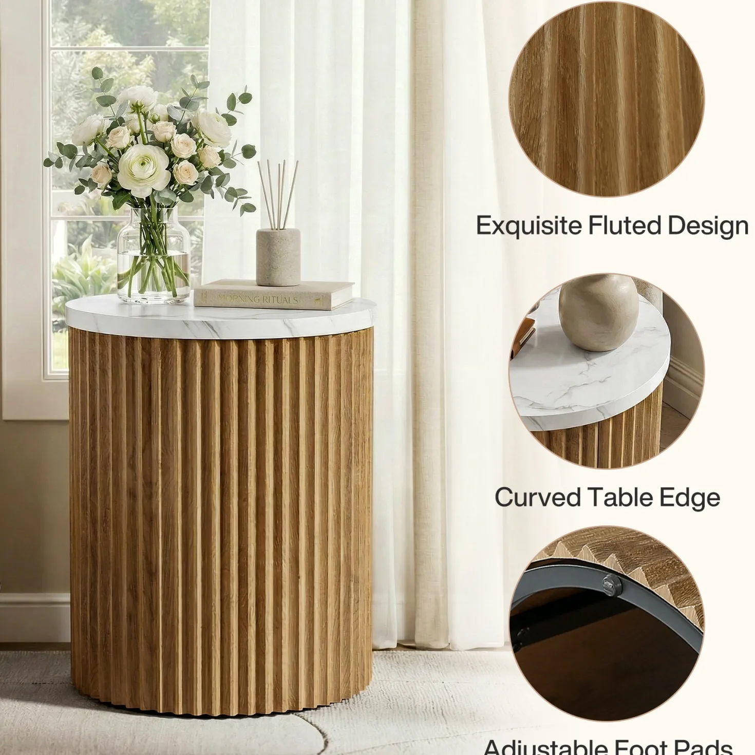 Round Nightstand, 23.6" Bedside Table with Faux Marble Tabletop & Fluted Base