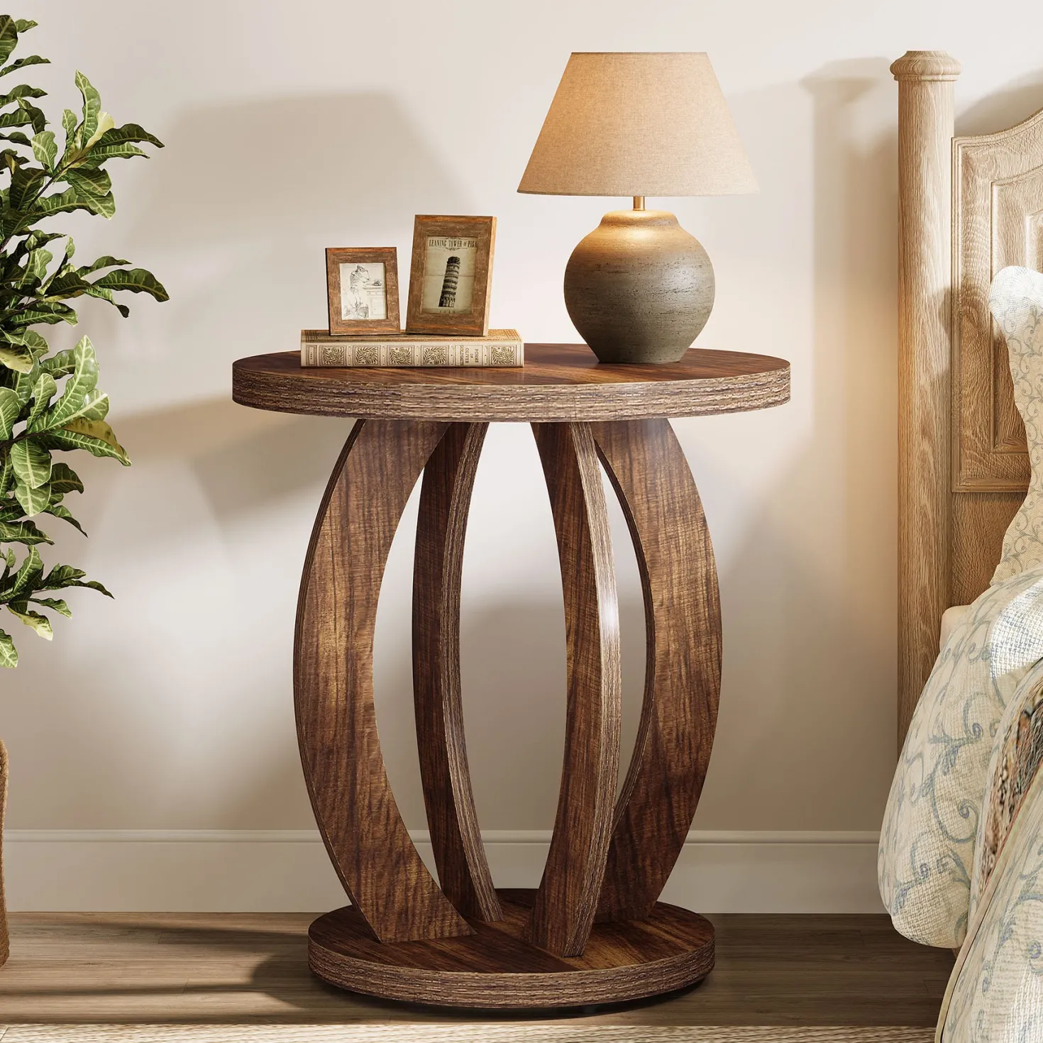 Round Nightstand with Storage, Large Bedside Table for Bedroom