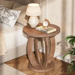 Round Nightstand with Storage, Large Bedside Table for Bedroom
