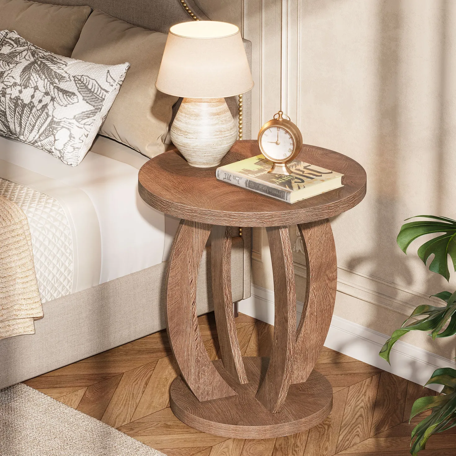 Round Nightstand with Storage, Large Bedside Table for Bedroom