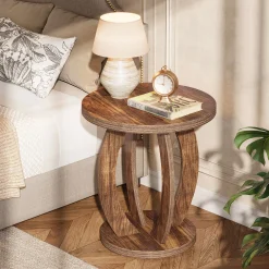 Round Nightstand with Storage, Large Bedside Table for Bedroom