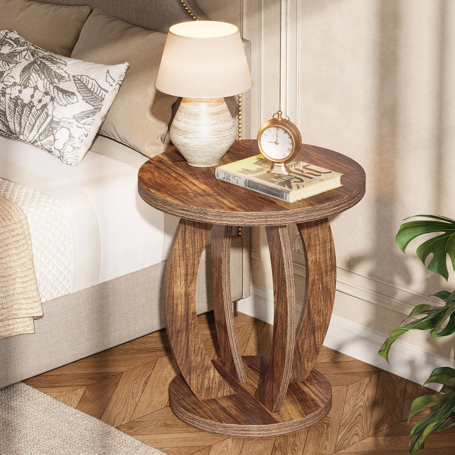 Round Nightstand with Storage, Large Bedside Table for Bedroom