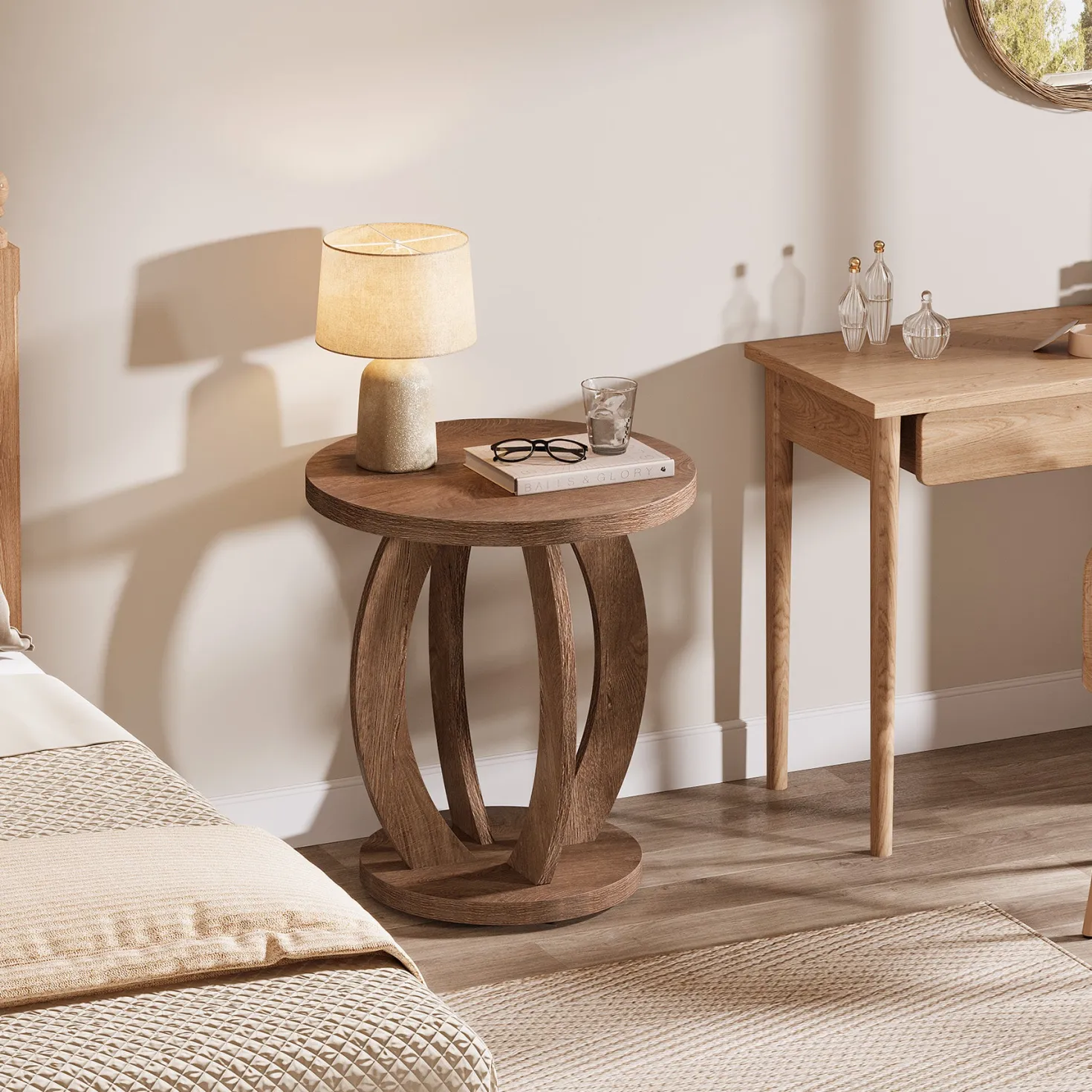 Round Nightstand with Storage, Large Bedside Table for Bedroom