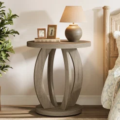 Round Nightstand with Storage, Large Bedside Table for Bedroom