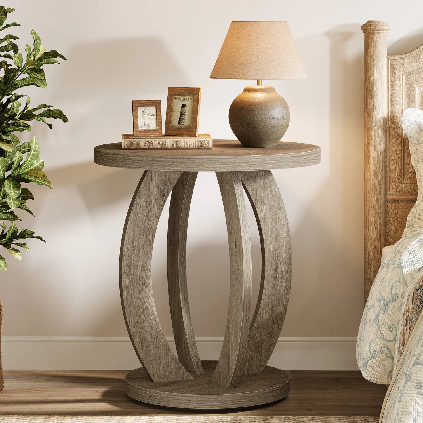 Round Nightstand with Storage, Large Bedside Table for Bedroom