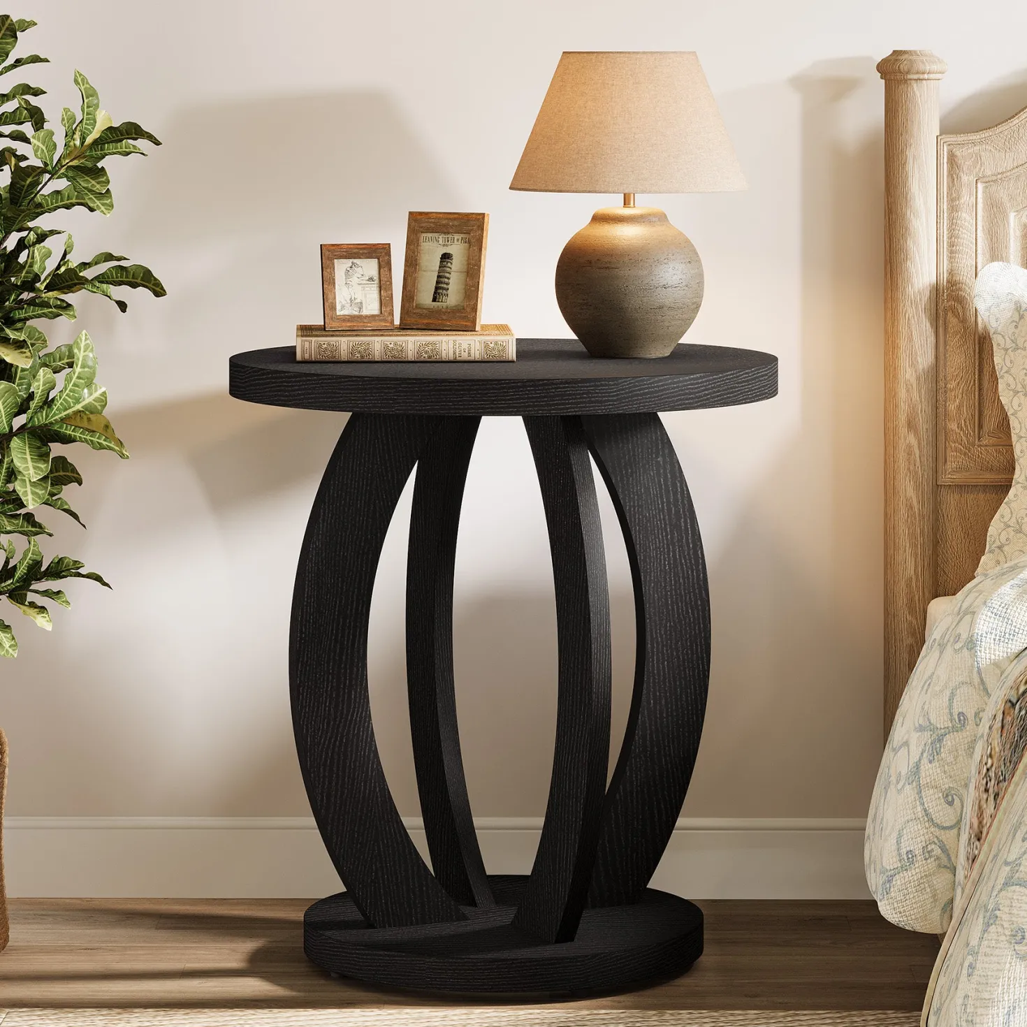 Round Nightstand with Storage, Large Bedside Table for Bedroom