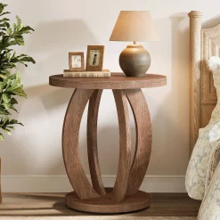 Round Nightstand with Storage, Large Bedside Table for Bedroom