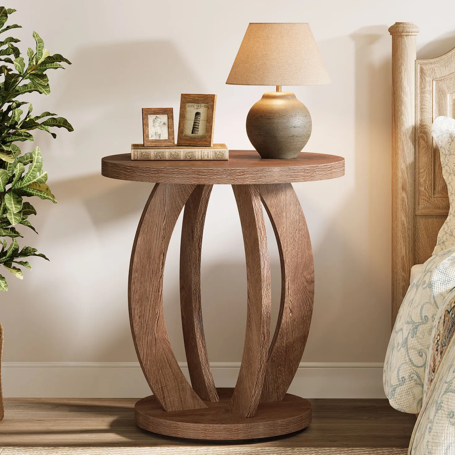 Round Nightstand with Storage, Large Bedside Table for Bedroom