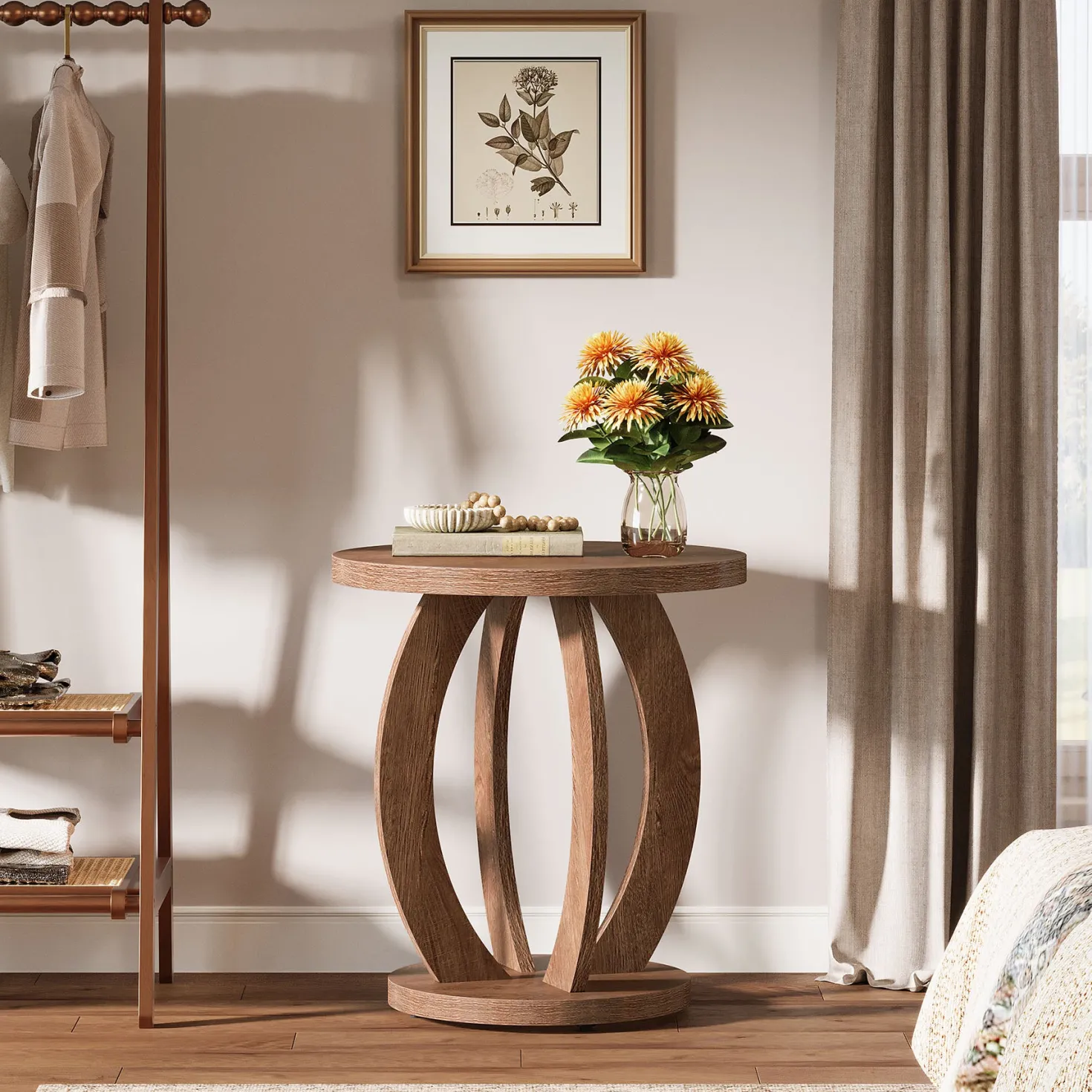 Round Nightstand with Storage, Large Bedside Table for Bedroom