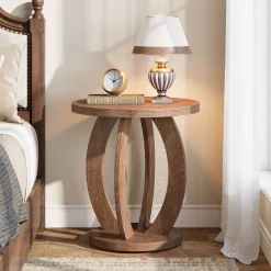Round Nightstand with Storage, Large Bedside Table for Bedroom