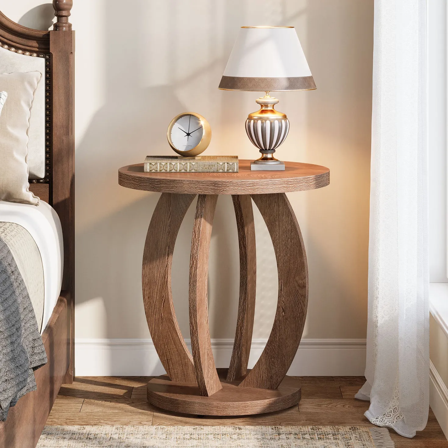 Round Nightstand with Storage, Large Bedside Table for Bedroom
