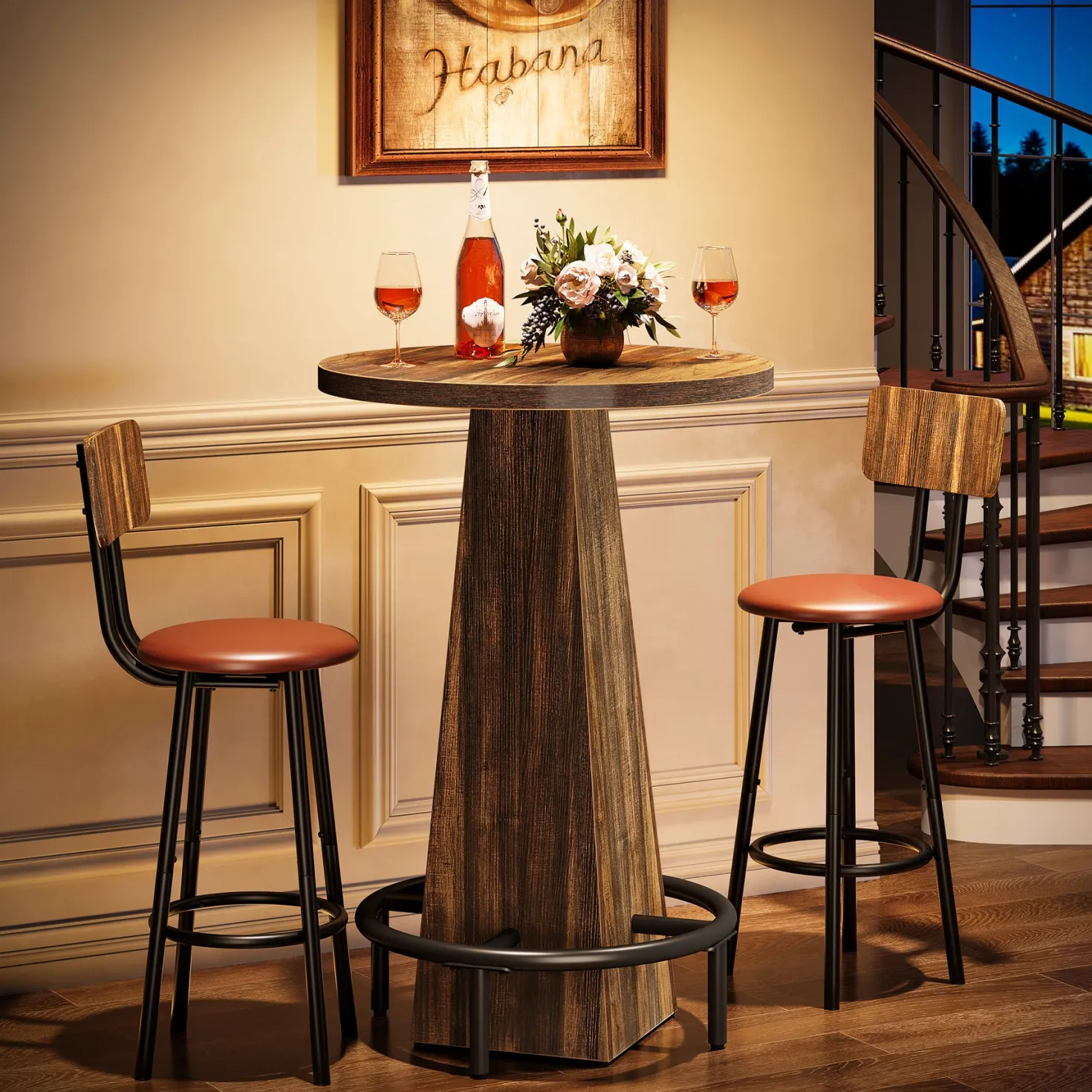 Round Pub Table, Counter Height Bar Table With Footrest