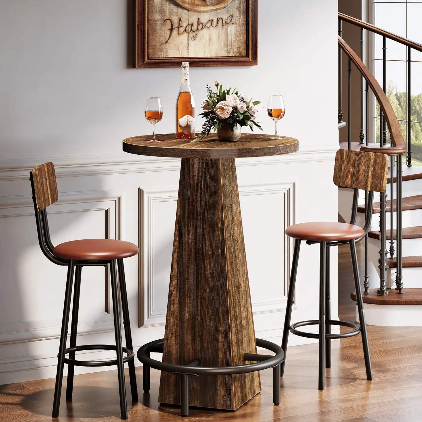 Round Pub Table, Counter Height Bar Table With Footrest