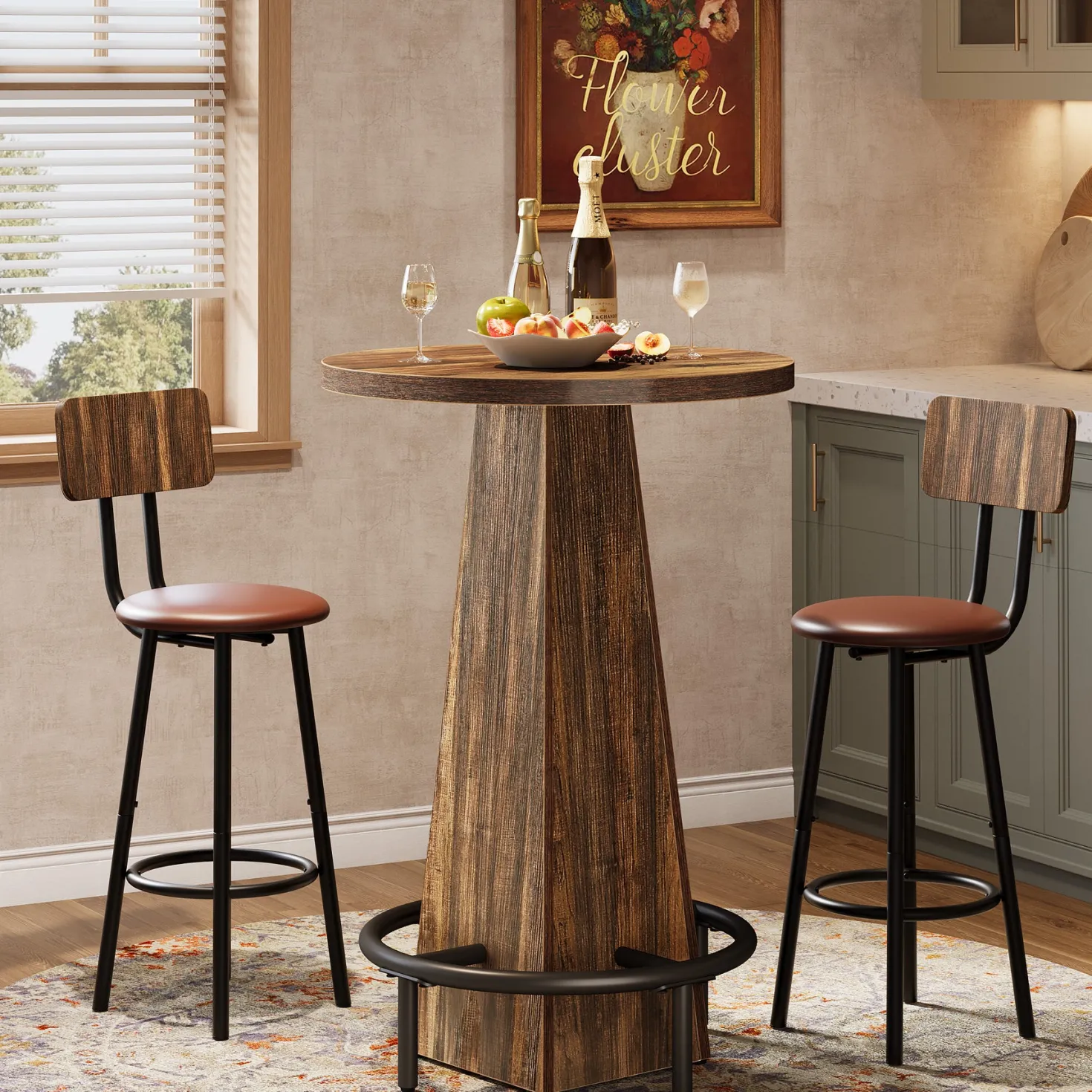 Round Pub Table, Counter Height Bar Table With Footrest