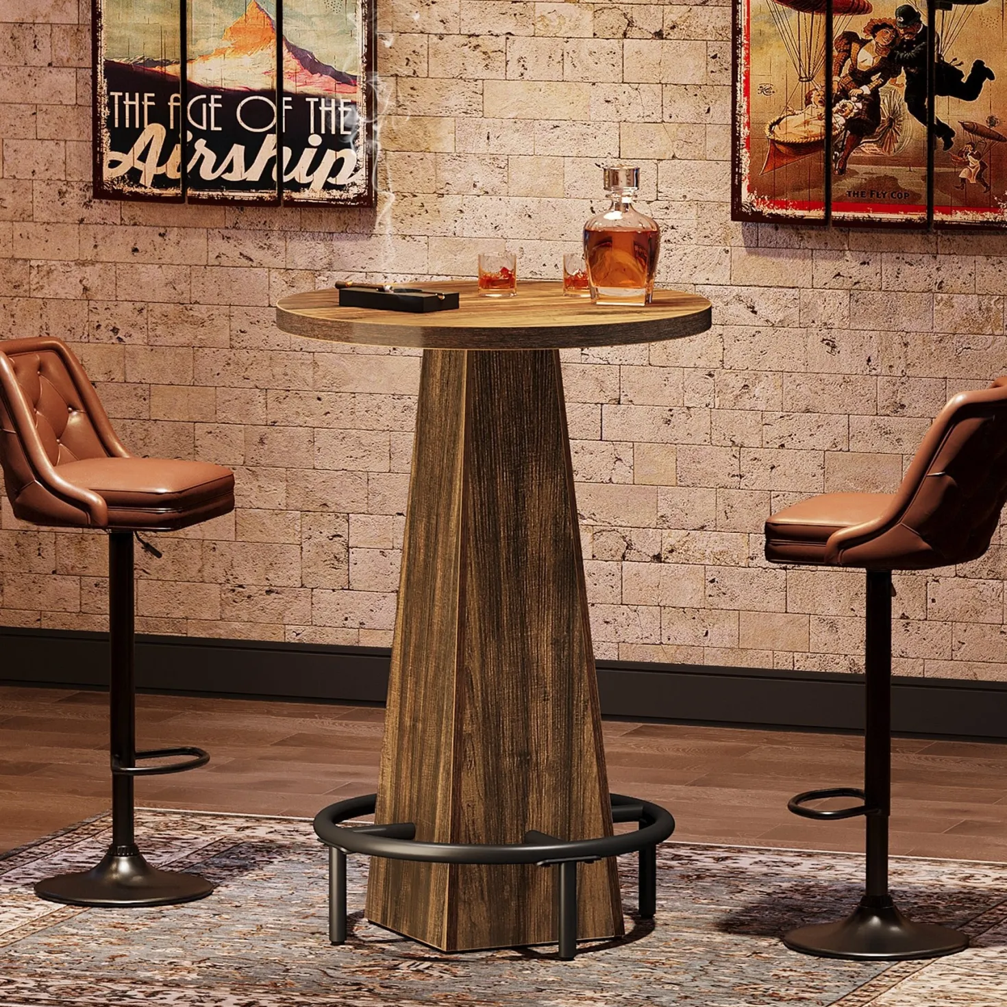 Round Pub Table, Counter Height Bar Table With Footrest